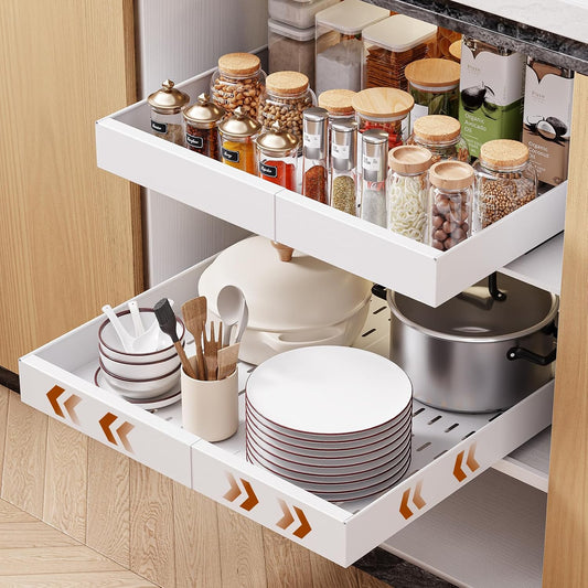 Pull Out Cabinet Organizer, 21"Deep Slide Out Drawers for Kitchen Cabinets | Adjustable Width 12.05"-20.4", For Framed/Frameless cabinets, No Drill Adhesive, 3‑Rail Smooth Glide, Height-Raising Pads - Field & Nook