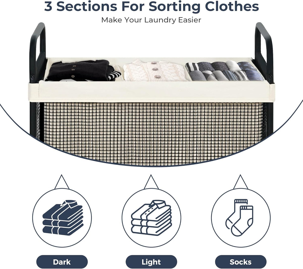 120L 3-Section Rolling Laundry Sorter with Washable Bags - Field & Nook