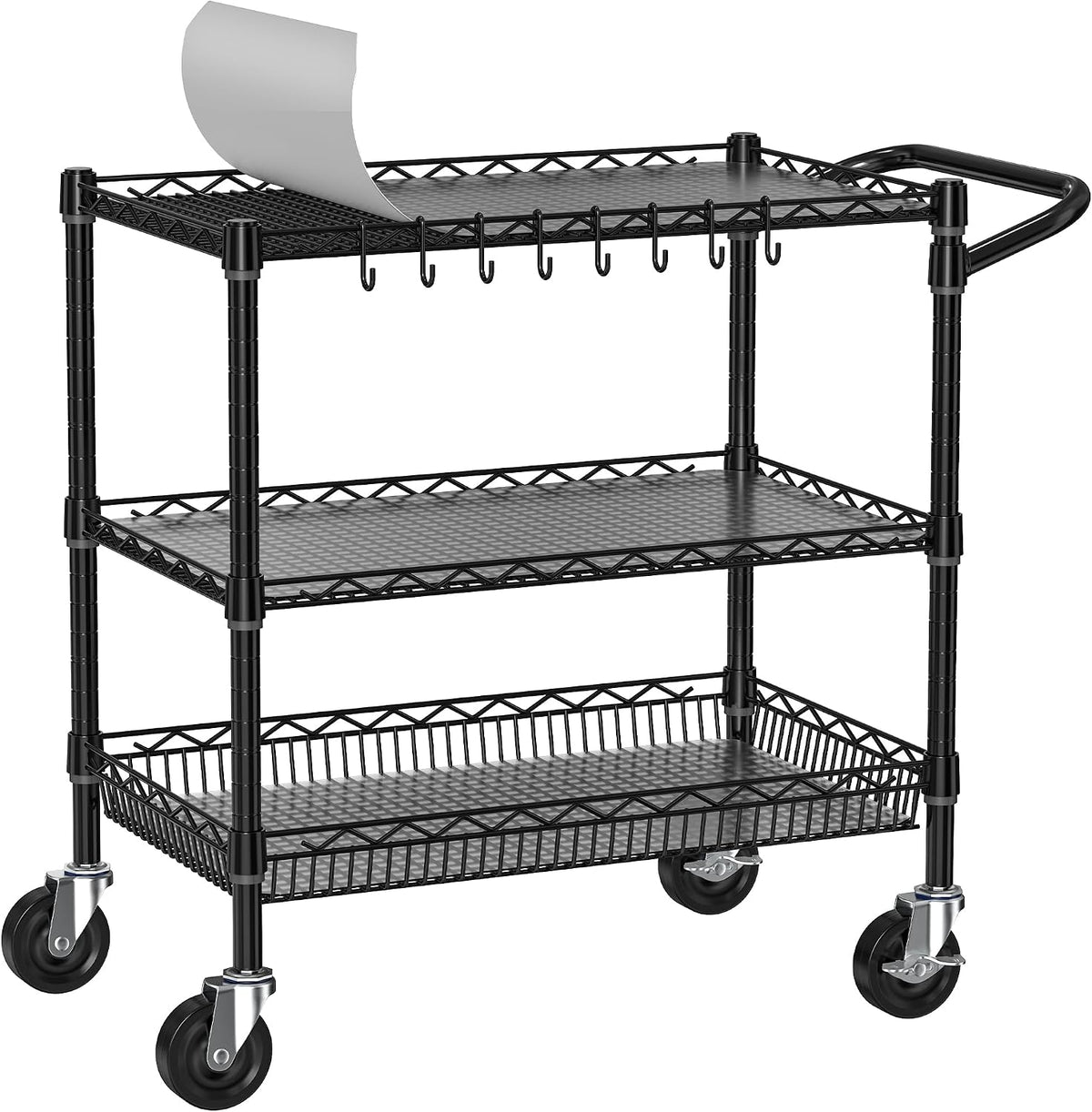 Folews Heavy Duty Rolling Cart with Wheels, 3 Tier Commercial Grade Utility Cart, Metal Storage Organizer Trolley with Handle Bar & Shelf Liner for Pantry, Laundry Room & Household Supplies, Black - Field & Nook