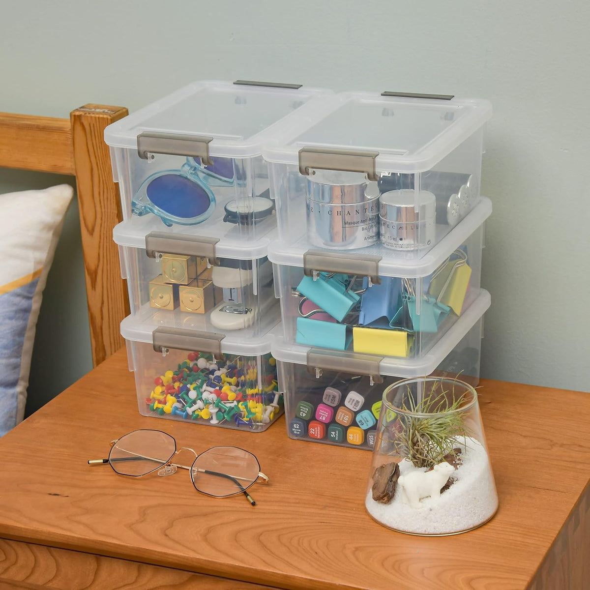 Citylife 6Packs 1.3Qt Small Storage Bins with Lids,Stackable Clear | Plastic Containers for Beads, Buttons, Sewing Supplies, Office Supplies and Small Toys - Field & Nook
