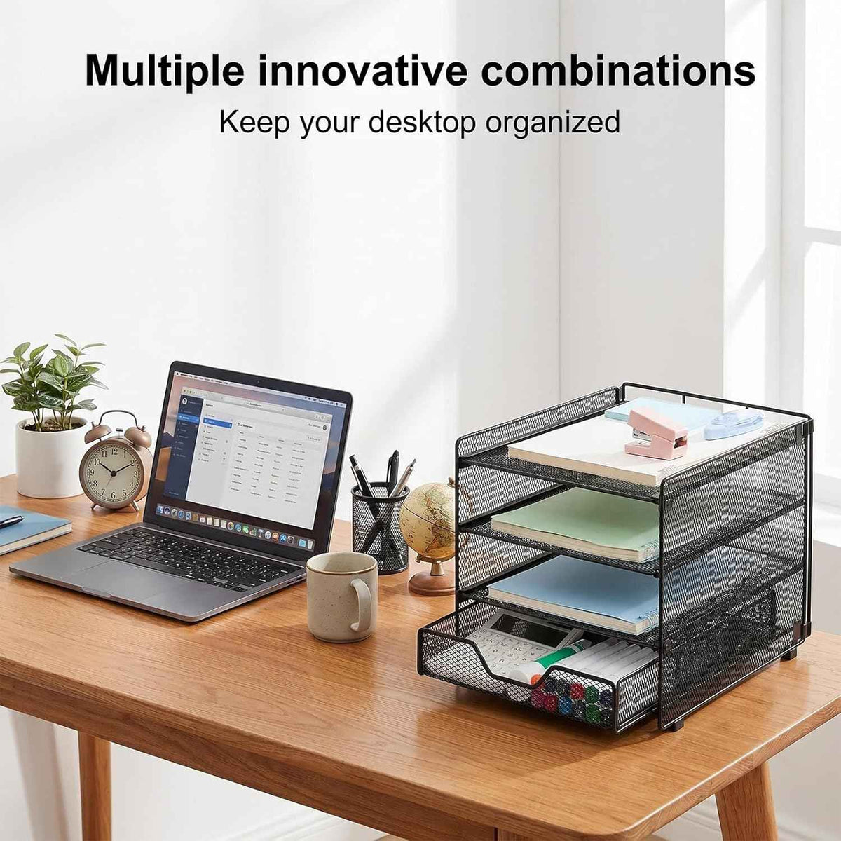Desk Organizer, 4-Tier Desktop File Organizer with Drawer, Office Desk Accessories, File Sorters, Workspace Organizers for Office Supplies(Black Upgraded)
