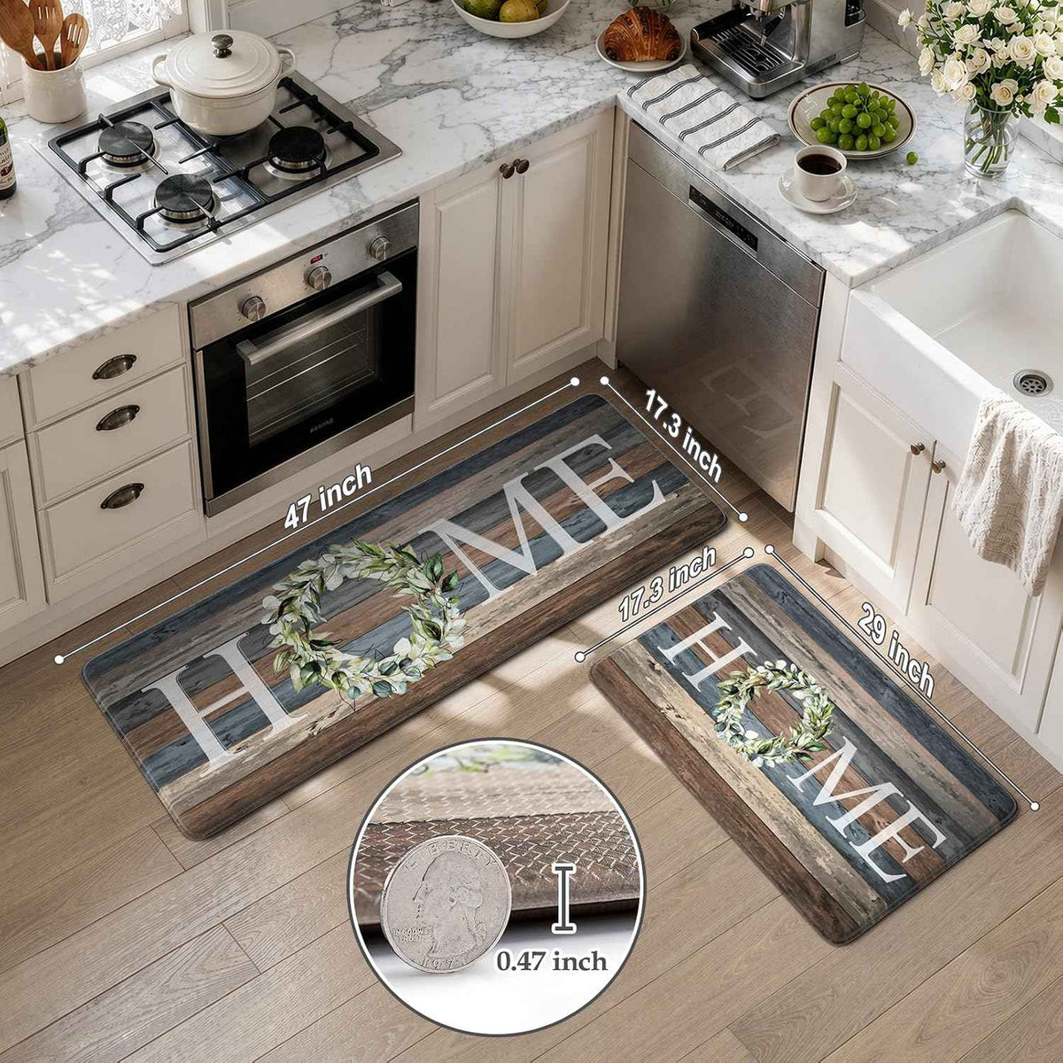 KIMODE Kitchen Mats 2PCS Cushioned Anti Fatigue Kitchen Mats for Floor | 17.3"x 47"+17.3"x 29",Farmhouse, Blue,Non Slip Waterproof Sink Rug Set 2 Comfort Standing Desk Mat for Office Laundry Home