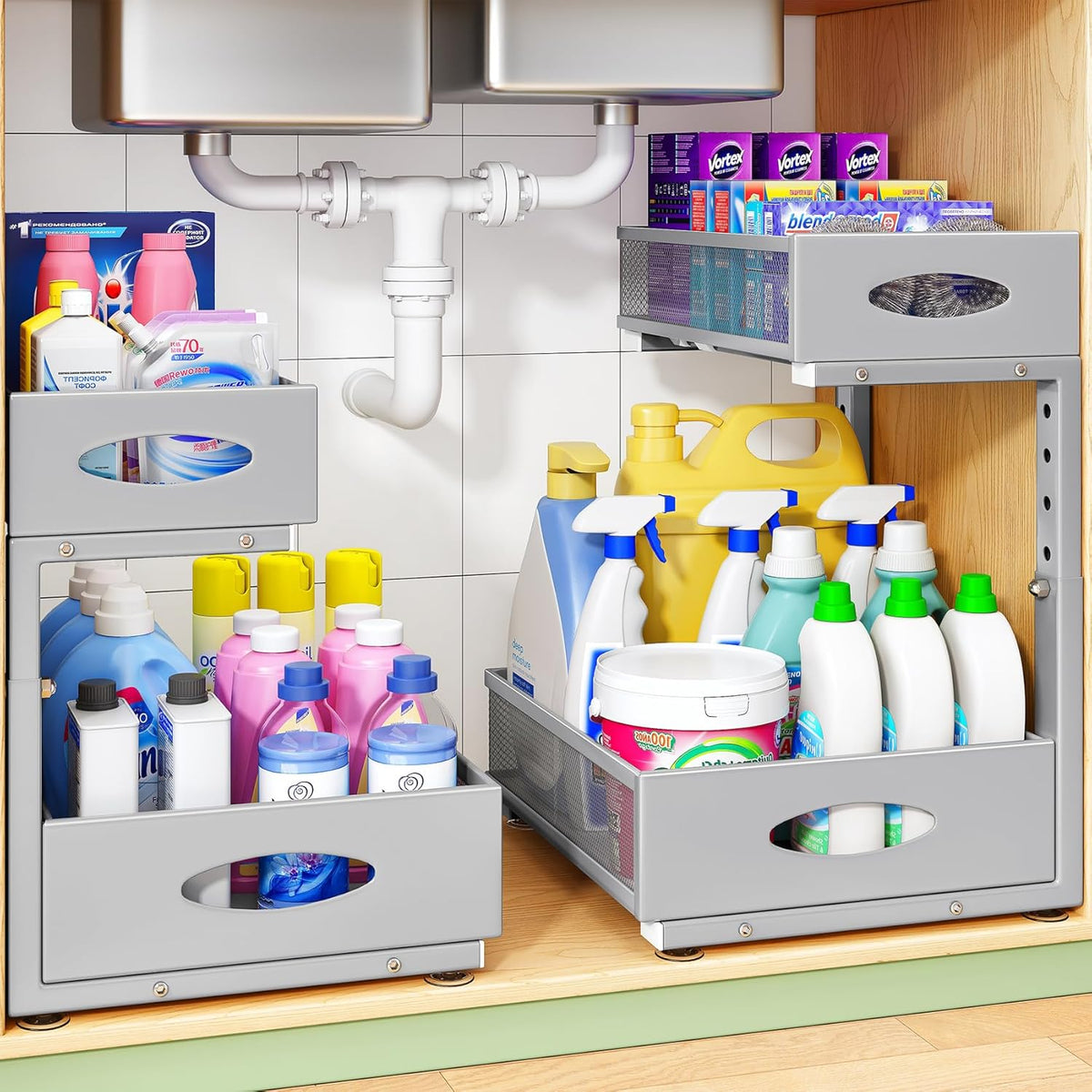 Under Sink Organizer, 2-Pack Pull Out Cabinet Organizer 2 Tier Metal Slide Out Storage Shelf Rack, L-Shaped Adjustable Height,Mesh Sliding Drawer for Kitchen, Bathroom, Laundry, Pantry, Grey, XL - Field & Nook