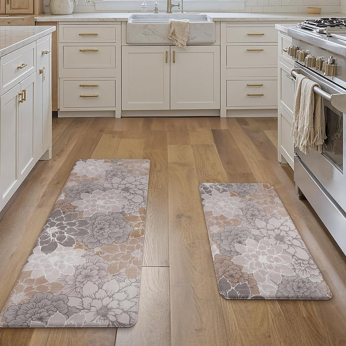 GENIMO Anti Fatigue Kitchen Mats for Floor 2PCS, Cushioned Standing Mats | 17.3"x47"&17.3"x30", Taupe Grey vintage floral rug set, waterproof, non slip, easy-clean for farmhouse