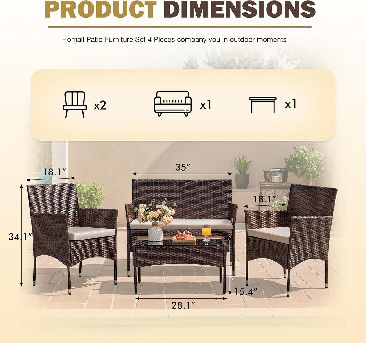 Homall 4 Pieces Outdoor Patio Furniture Set, Rattan Chairs, Brown &