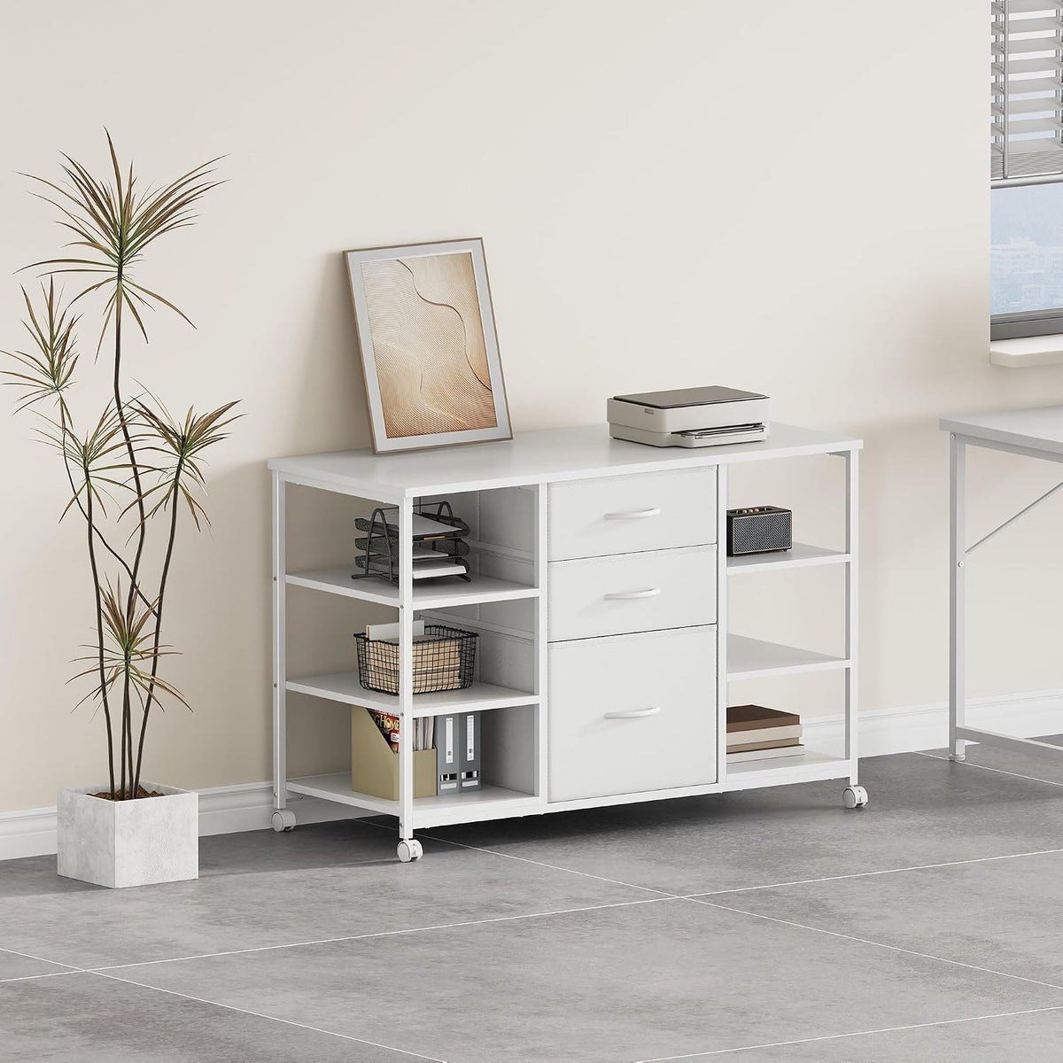 YeTom Mobile File Cabinet,Lateral Filing Cabinet with 3 Fabric Drawers,Rolling Printer Stand with 4 Open Storage Shelf for Home Office, White - Field & Nook