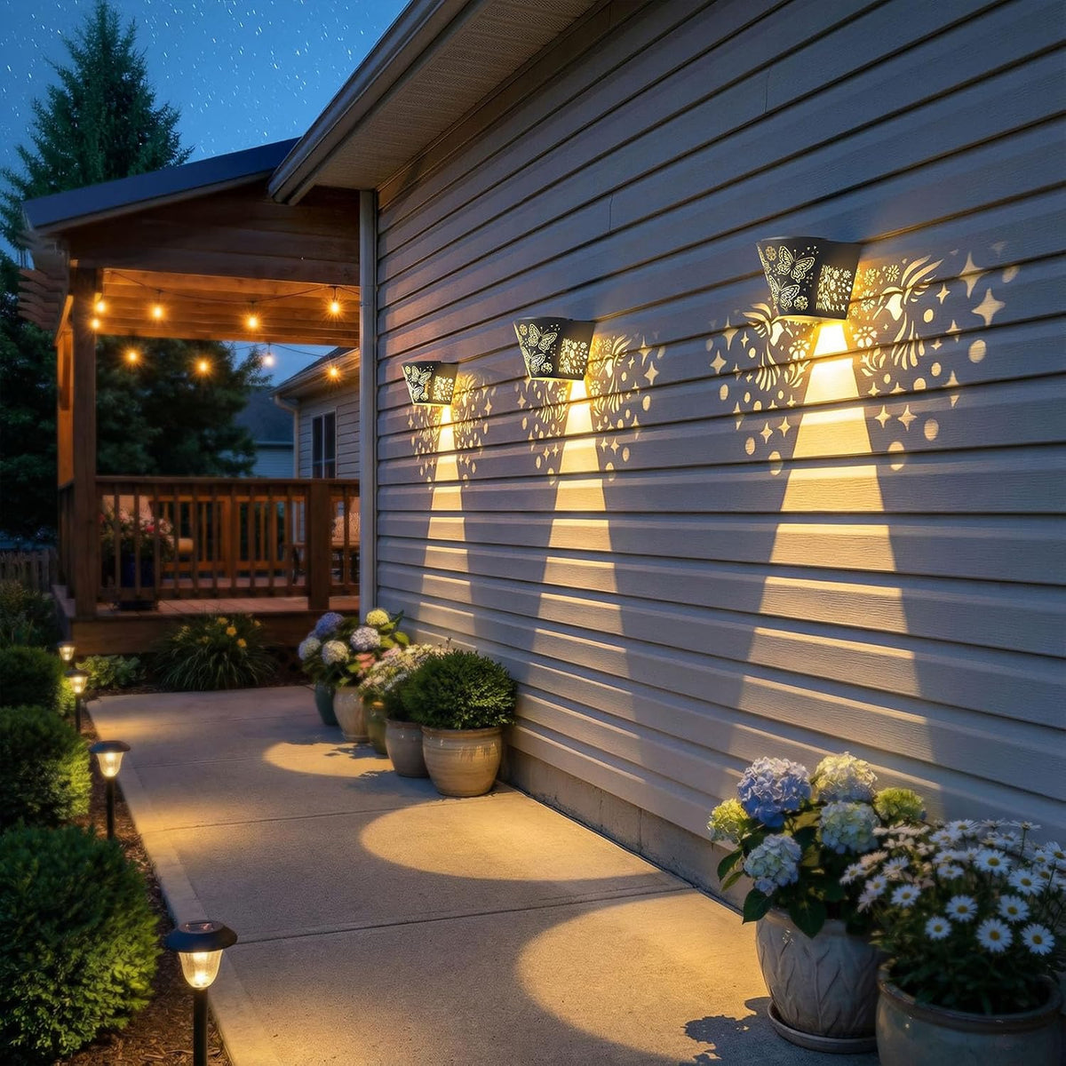 2 Pack Solar Fence Lights Outdoor Wall lihgts Decorations Metal Solar Deck Lights Waterproof LED Solar Powered Step Lights Warm White Light Decorative Lighting for Garden, Front Door, Backyard (metal)