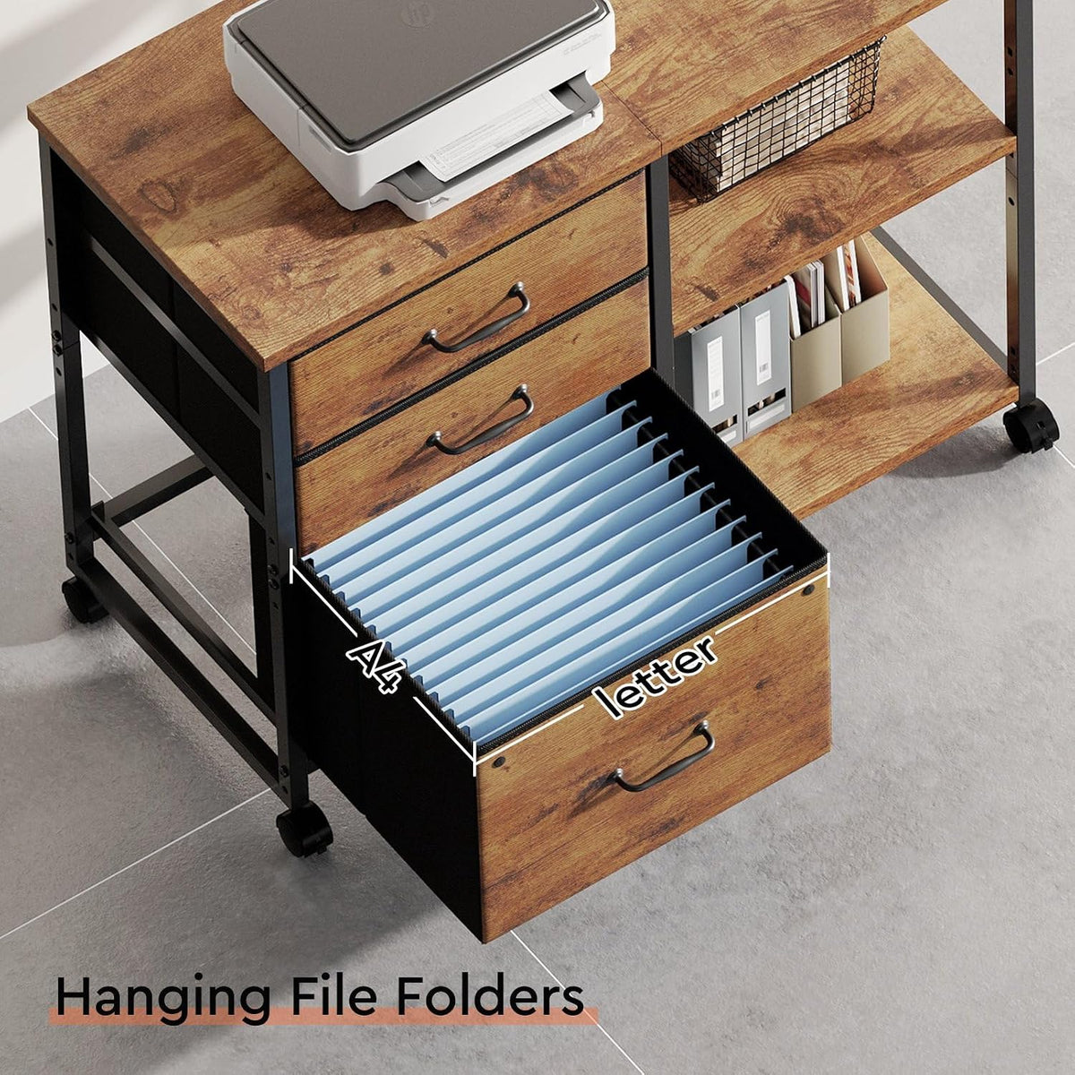 3 Drawer File Cabinet with Wheels with Open Storage Shelf | Rustic Brown2, Rolling Printer Stand Fabric Lateral Filing Cabinet for Home Office - Field & Nook