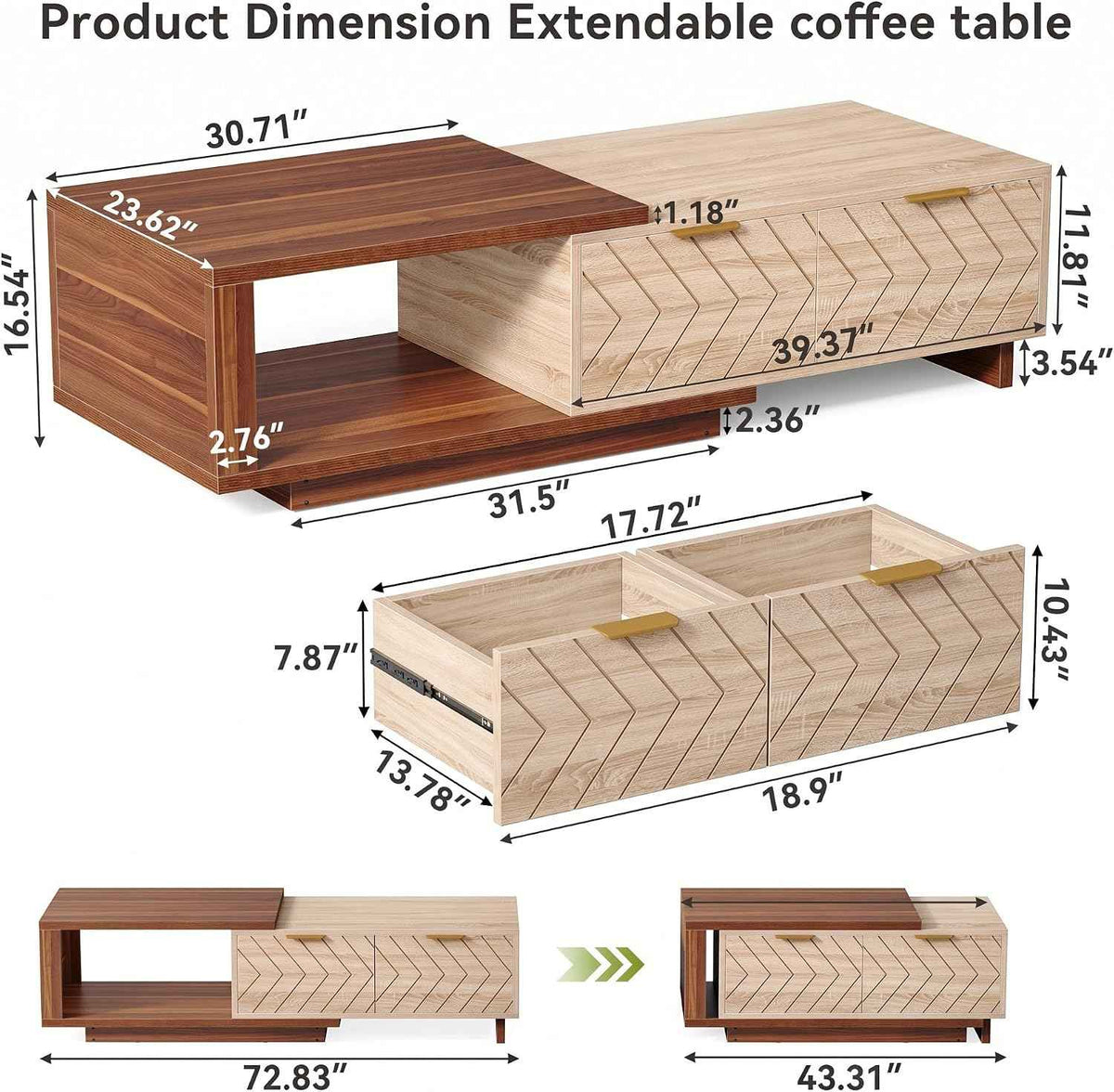 LITTLE TREE Expandable Coffee Table with 2 Drawers, Walnut & Oak