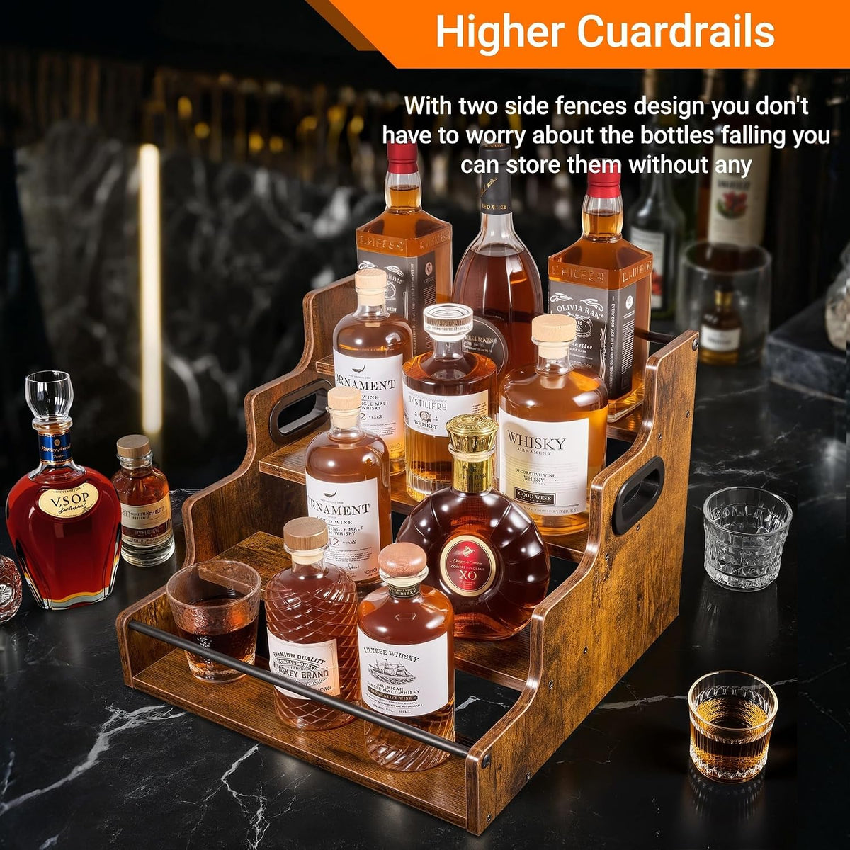 YQBRAO 4-Tier Liquor Bottle Display Shelf – Rustic Brown - Field & Nook