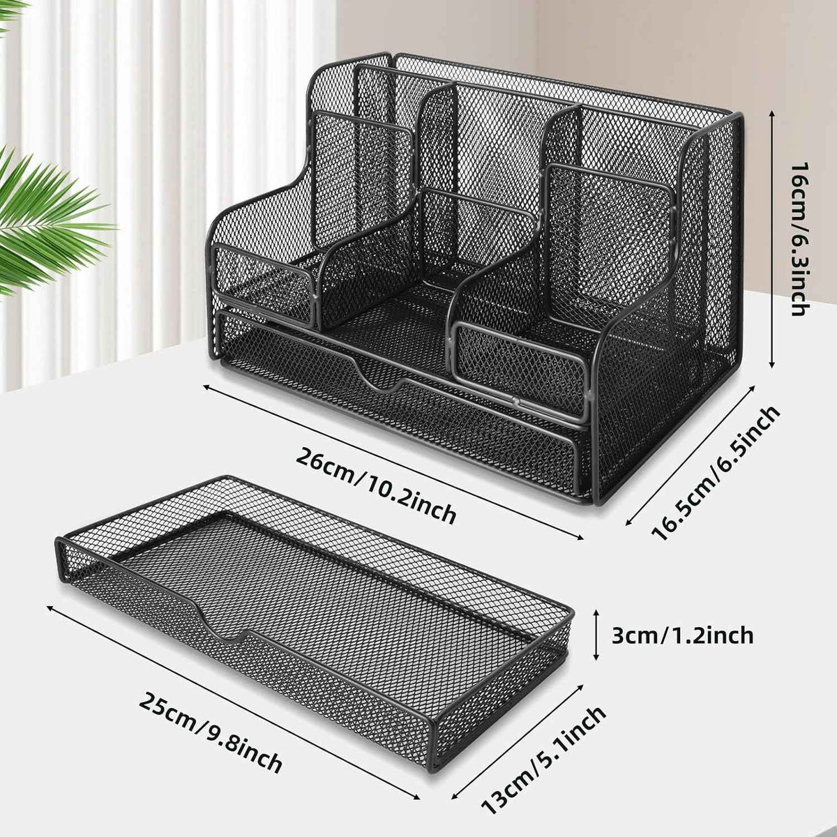 Black Mesh Desk Organizer Caddy and Accessories with 7 Compartments, Mesh Multifunctional Desktop Accessories Organizers Office Supplies Desktop Organizer for Home, Office