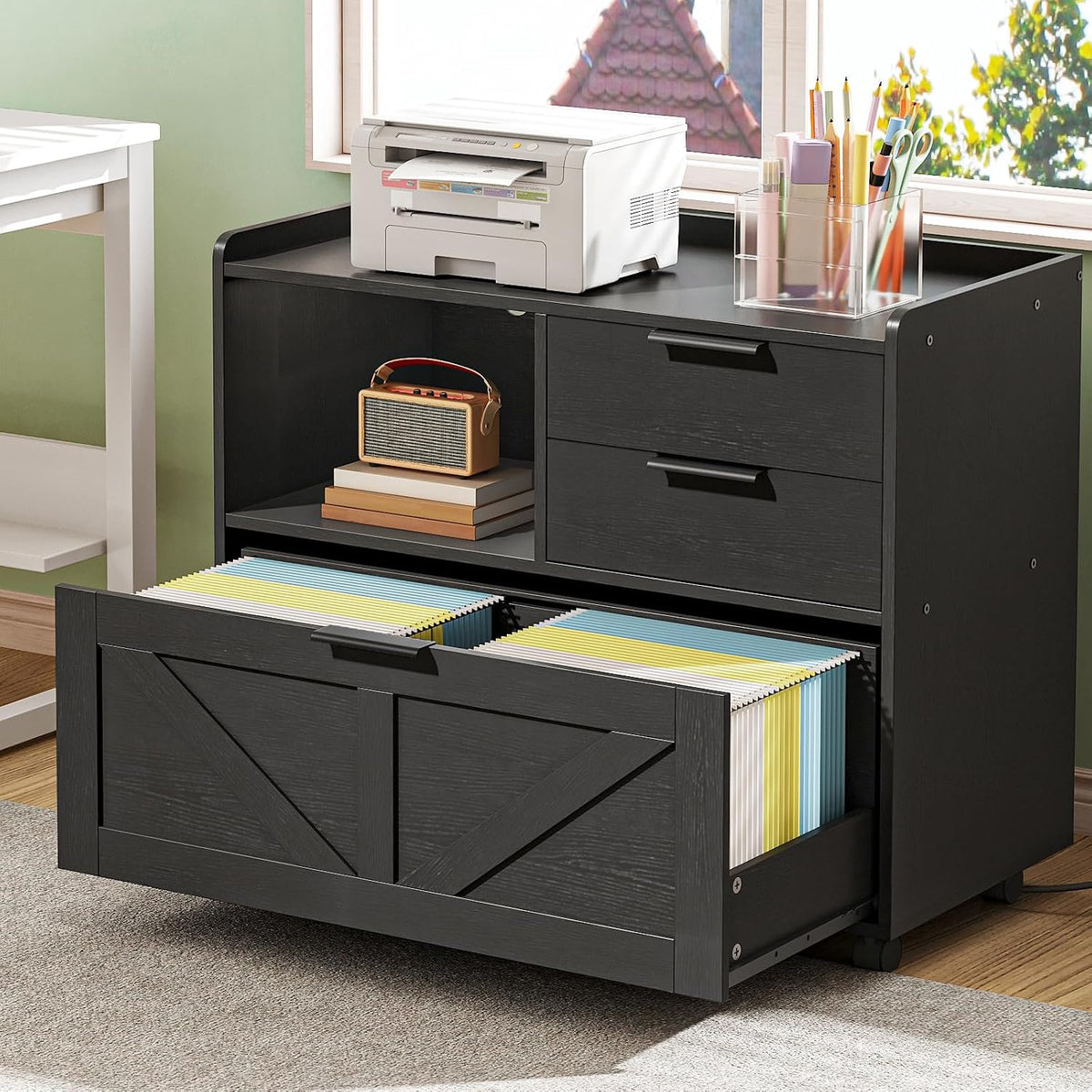 HOOBRO Lateral File Cabinet, Wooden Office Storage Drawers with Charging Station, Filing Cabinet for Home Office, A4/Letter/Legal-Sized Files, Printer Stand with Open Storage Spaces, Black BB37UWJ01 - Field & Nook