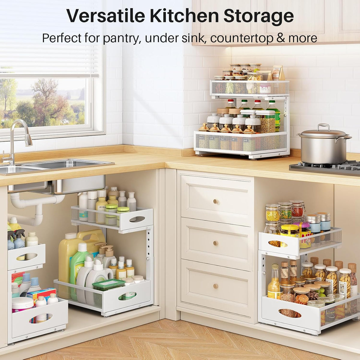 Under Sink Organizer, 2 Tier Pull Out Under Cabinet Organizer Shelf with Pad for Framed Cabinets, Metal Slide Out Under Sink Storage, Mesh Sliding Drawers for Kitchen Bathroom Laundry(White, 1 Pack) - Field & Nook