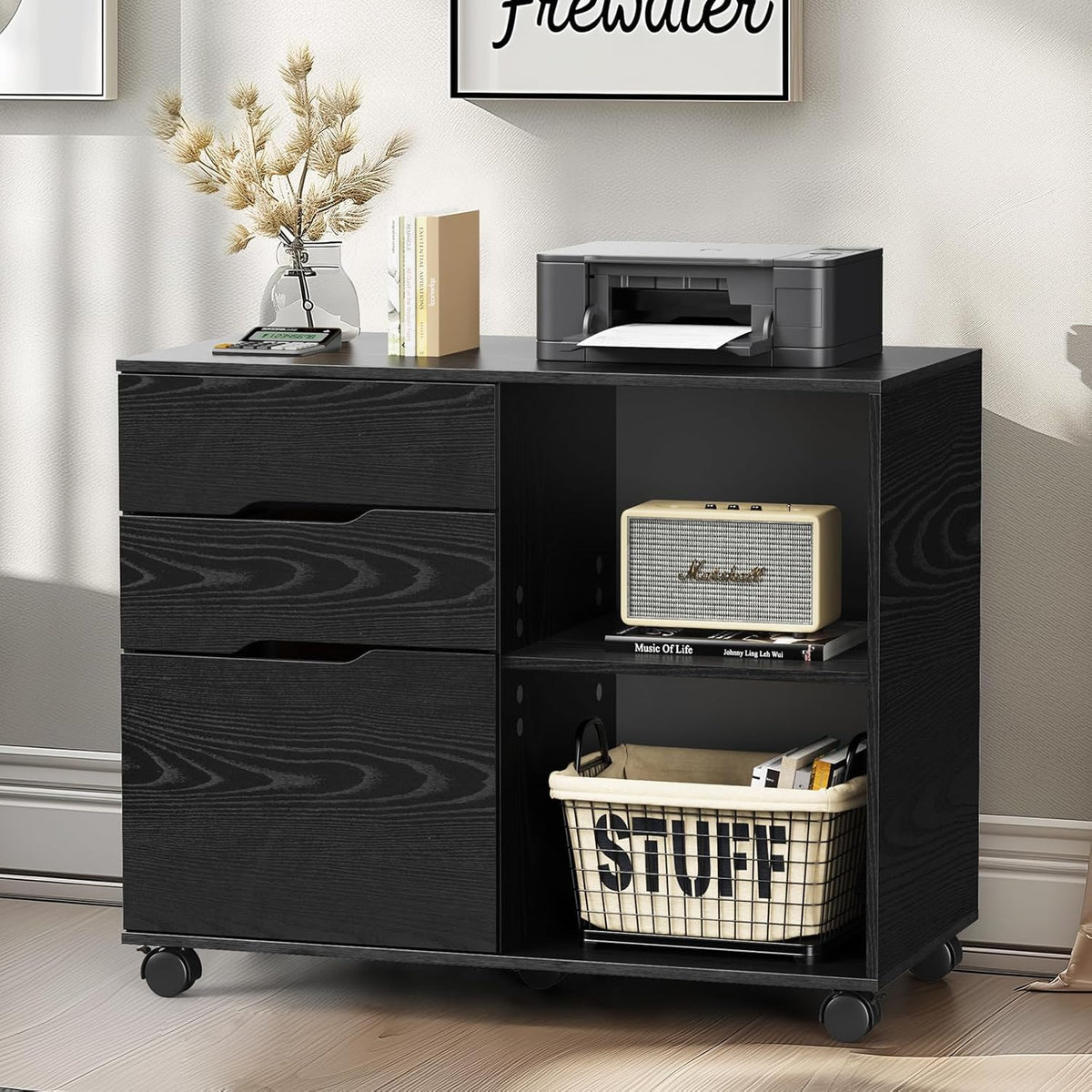 DUMOS File Cabinet with 3 Drawers, Wood Under Desk Storage Printer Stand | Rolling Lateral Filing Cabinet with Adjustable Shelves for Home Office Study Organization,Black - Field & Nook