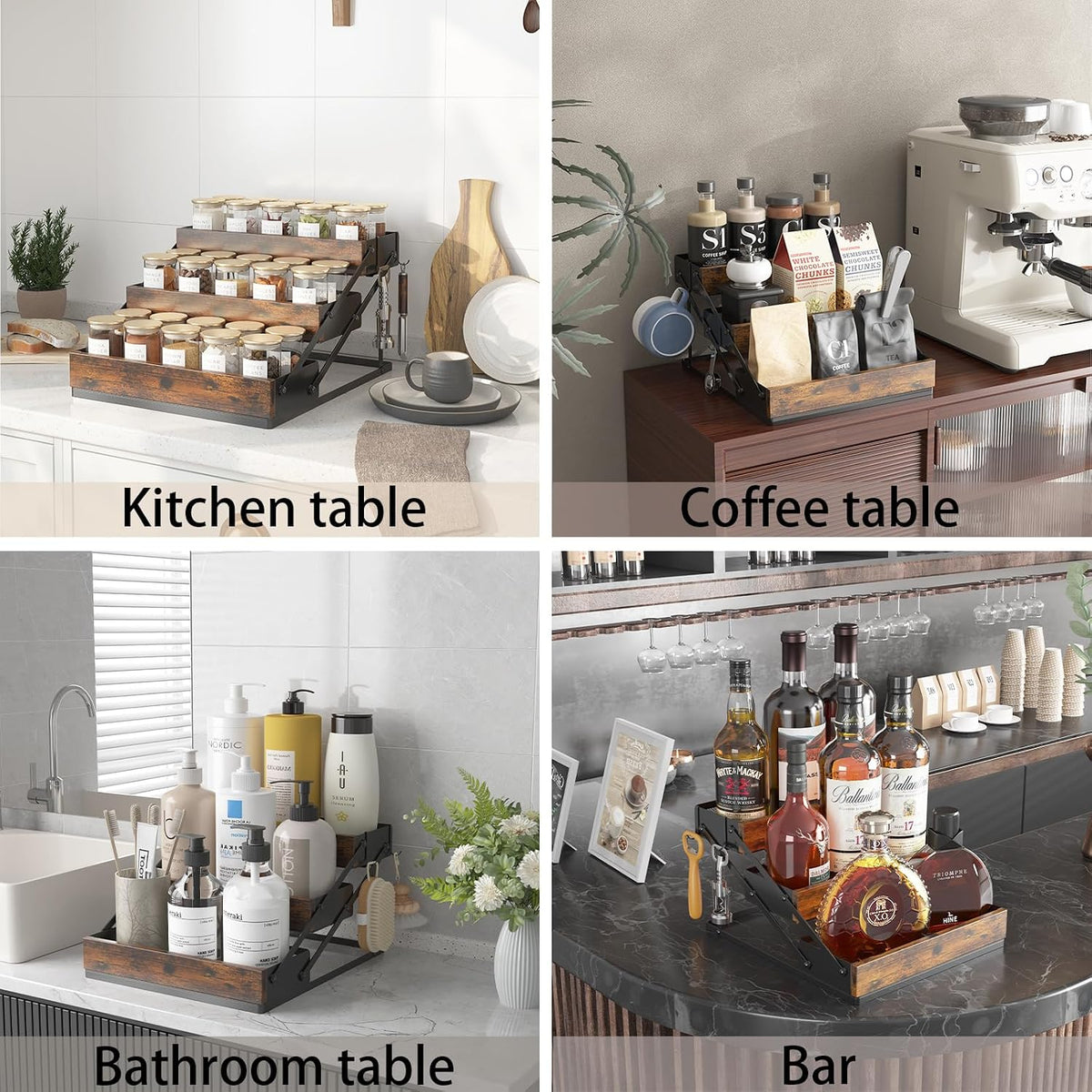 3 Tier Spice Rack Organizer for Cabinet, Foldable Spice Rack for Countertop, Cabinet Drawers Rustic Wooden Seasoning Spice storage for Kitchen Station, Pantry, Home - 1PC - Field & Nook