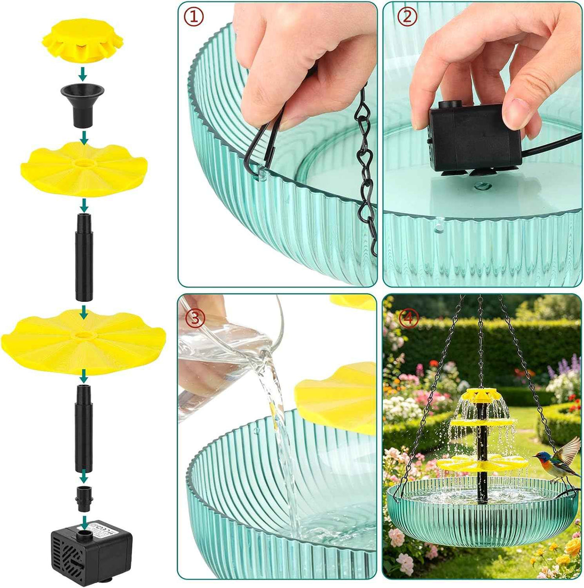 3-Tier Solar Powered Hanging Bird Bath Fountain Cascading Water Feeder for Hummingbirds Wild Birds[16.4FT/Extra Long Cord] for Outdoor,Garden, Patio, Backyard Decor