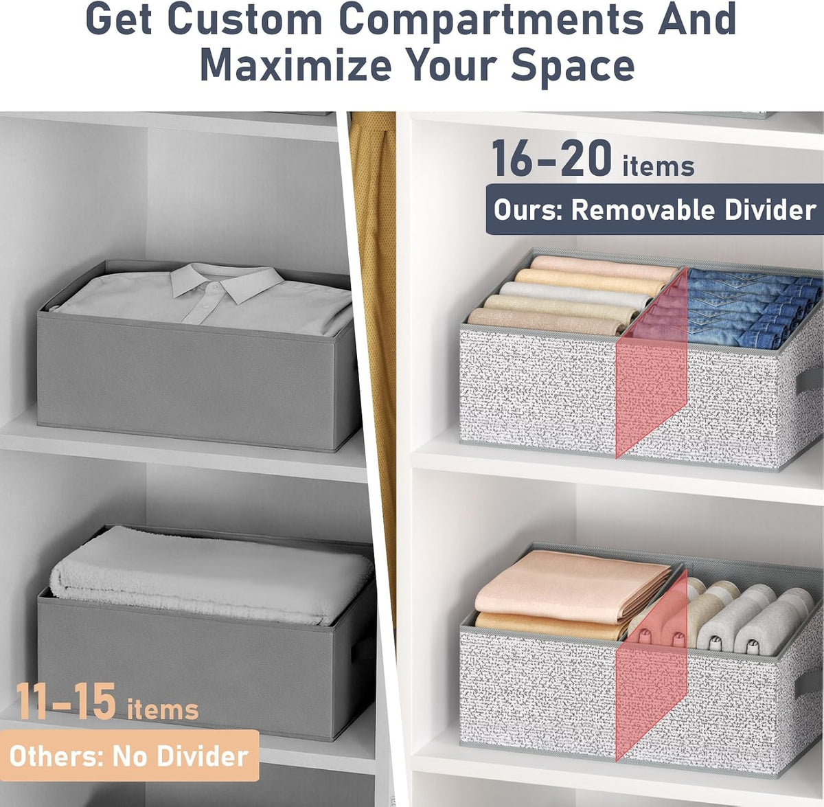 DIMJ Large Closet Shelf Organizer Bins 6 Packs with Handles and Divider, Fabric Trapezoid Storage Baskets, Foldable Clothes Containers Box for Shelf, Towel, Book, Toy, Purse, Hats, Grey - Field & Nook