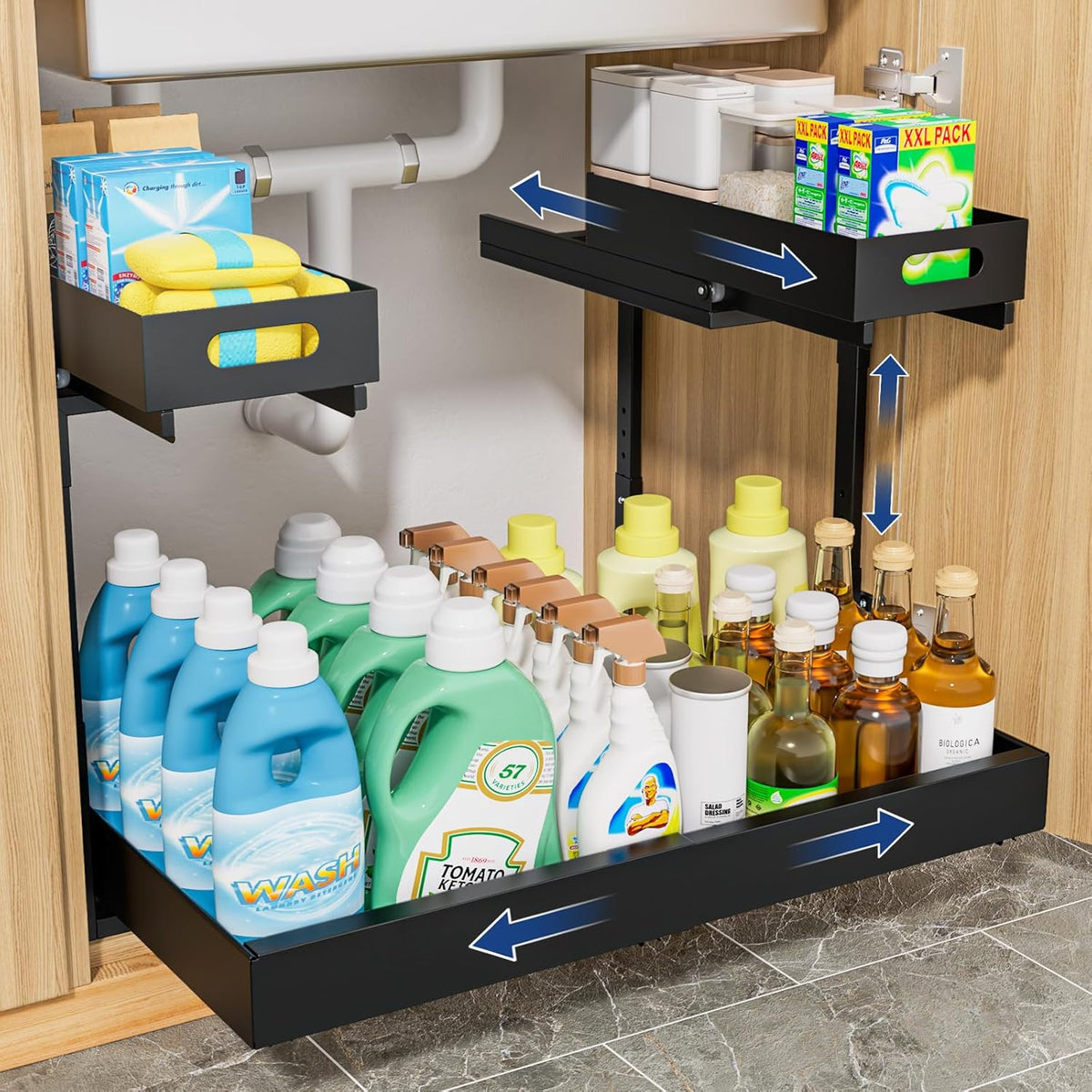 Insputer Upgrade Expandable Under Sink Organizer, 2 Tier Metal Under Cabinet Storage with 3 Slide Rails, Height Adjustable, Thickened Pull Out Drawer Shelf for Bathroom, Kitchen, Laundry, Pantry - Field & Nook