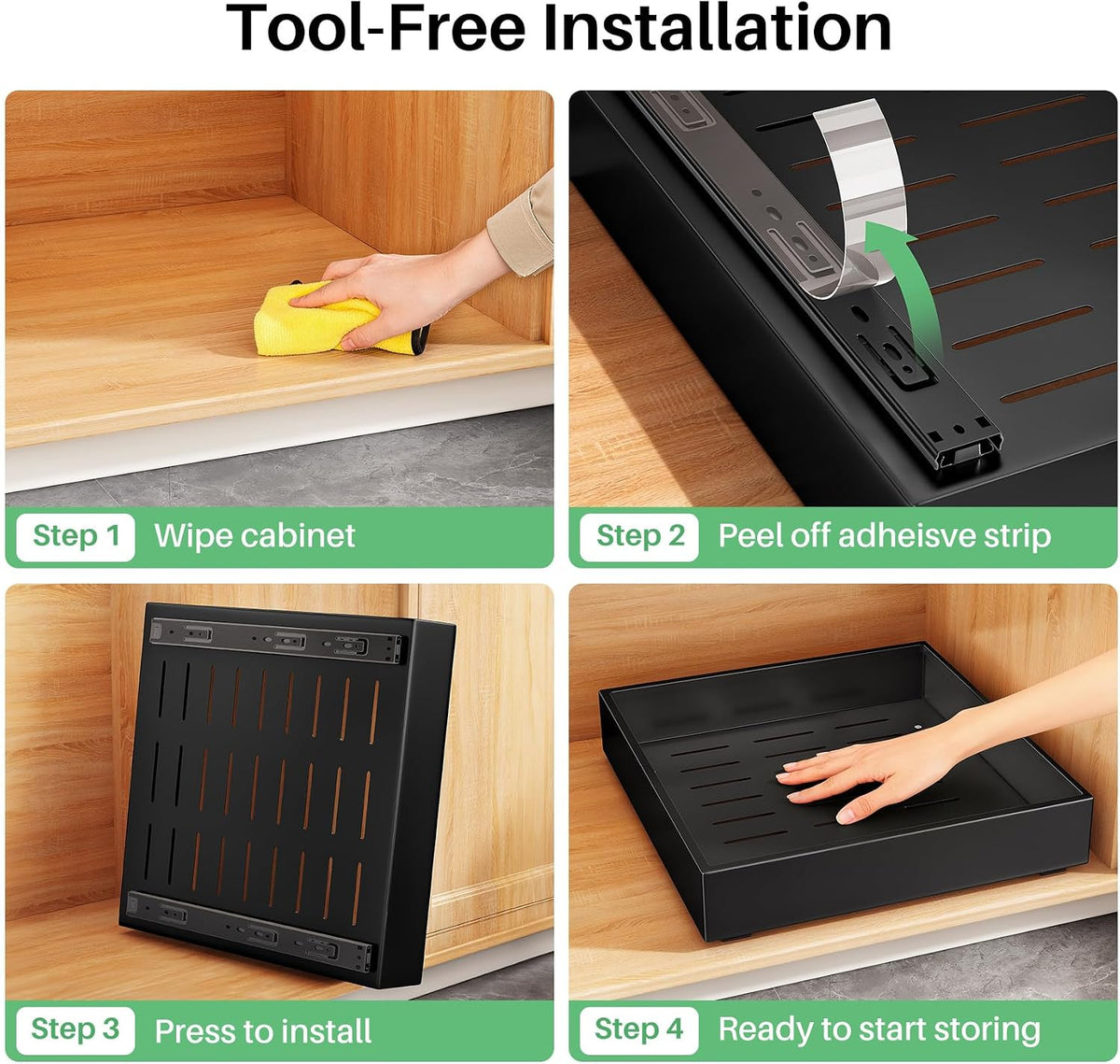 Pull out Cabinet Organizer, 21"Deep, 11.8"Wide Full-Extension Heavy Duty Slide out Drawers with Nano Adhesive, Roll Out Shelves Sliding Cabinet for Kitchen, Bathroom, Pantry,Under Sink Storage(Black) - Field & Nook