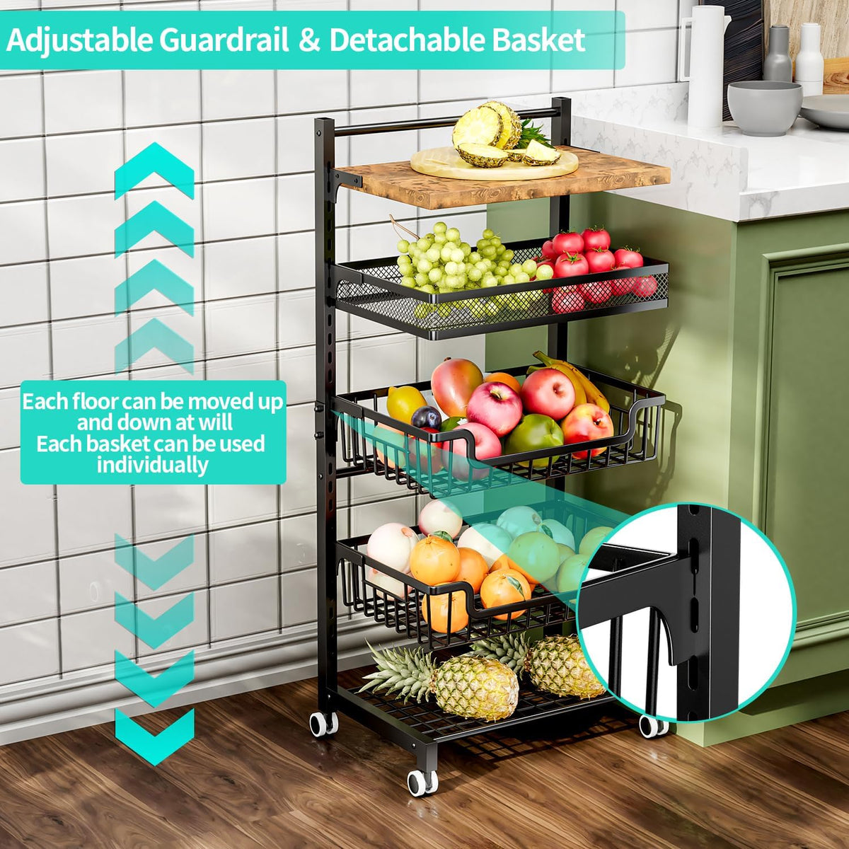 HapiRm Fruit Basket Kitchen Cart - Floor 5 Tier Adjustable Fruit and Vegetable Storage Rack, Large Capacity Rolling Kitchen Carts on Wheels for Pantry Snack Potato and Onion Storage - Field & Nook
