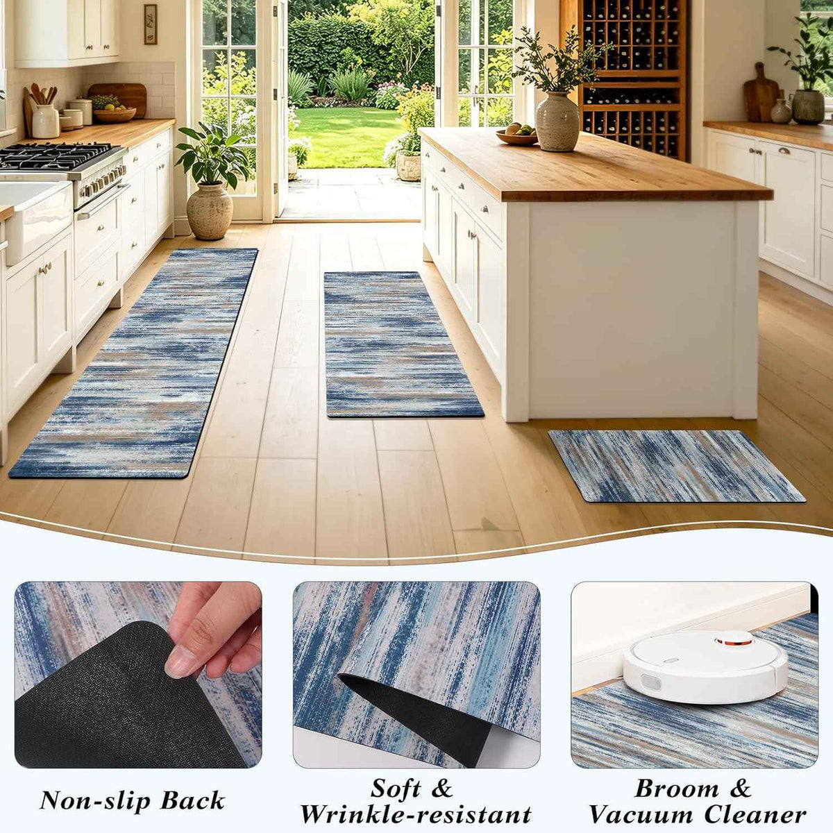 XLHOMO Kitchen Rugs Sets of 3, Non Slip Washable Kitchen Mats for Floor, Cushioned Anti-Fatigue Comfort Kitchen Mat, Rubber Backing Abstract Kitchen Floor Mat for Laundry, Desk, Sink, Office