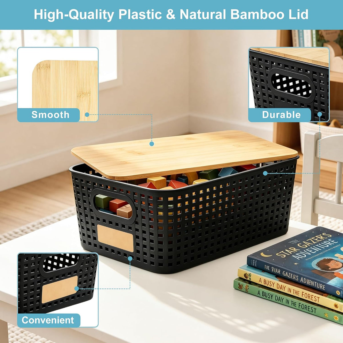 Small Plastic Storage Bins with Bamboo Lids 5.2qt Stackable Box Basket Pantry Decorative Containers Cute with Lable for Organizing Desktop Closet Office Black of 6 packs 10 * 7.2 * 4.1" - Field & Nook