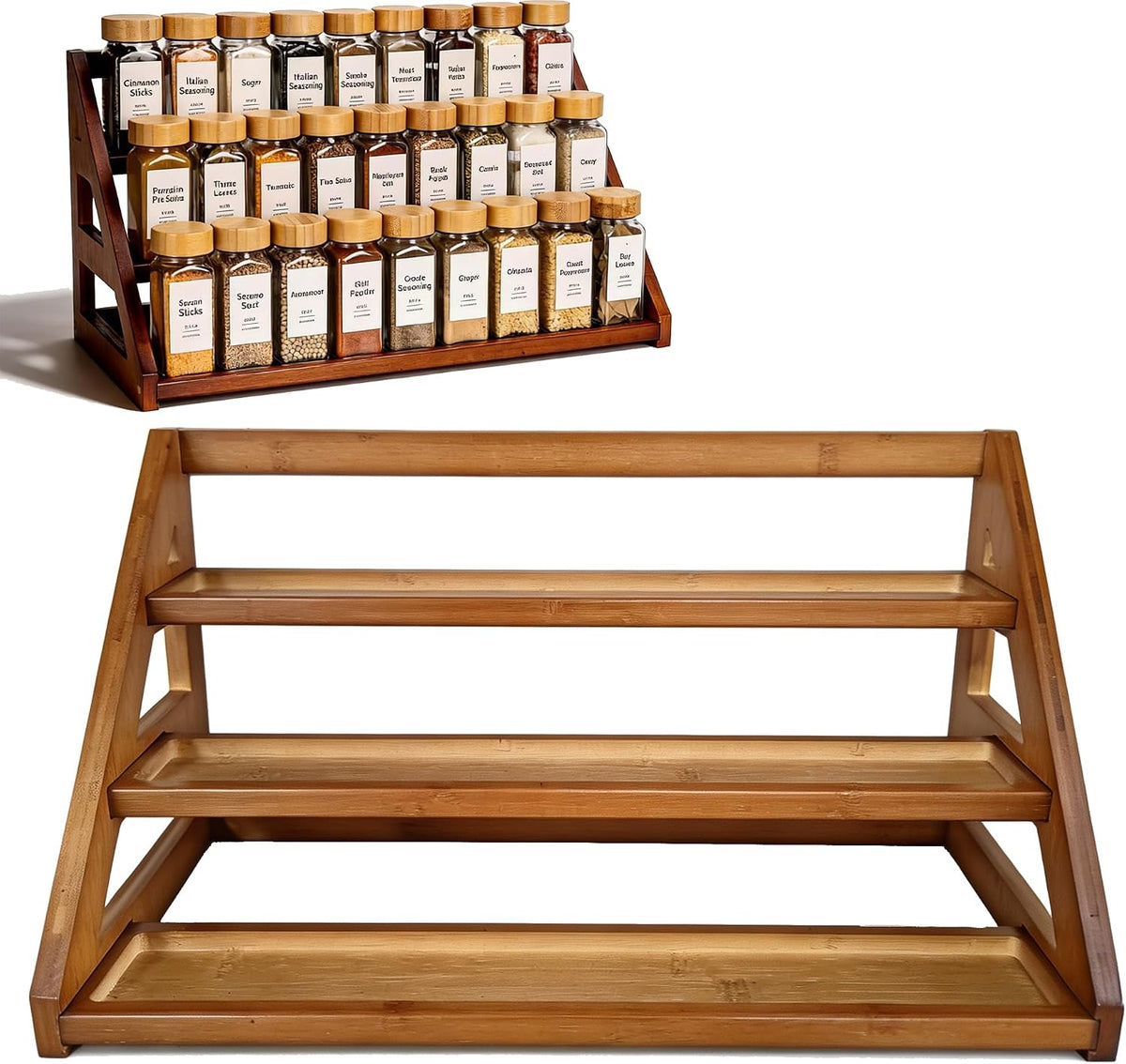 Bamboo 3 Tier Spice Rack,Spice Organizer for Cabinet/Countertop | Solve the messy spice bottles on the kitchen countertop and cabinets, make neat and orderly, clear at a glance - Field & Nook