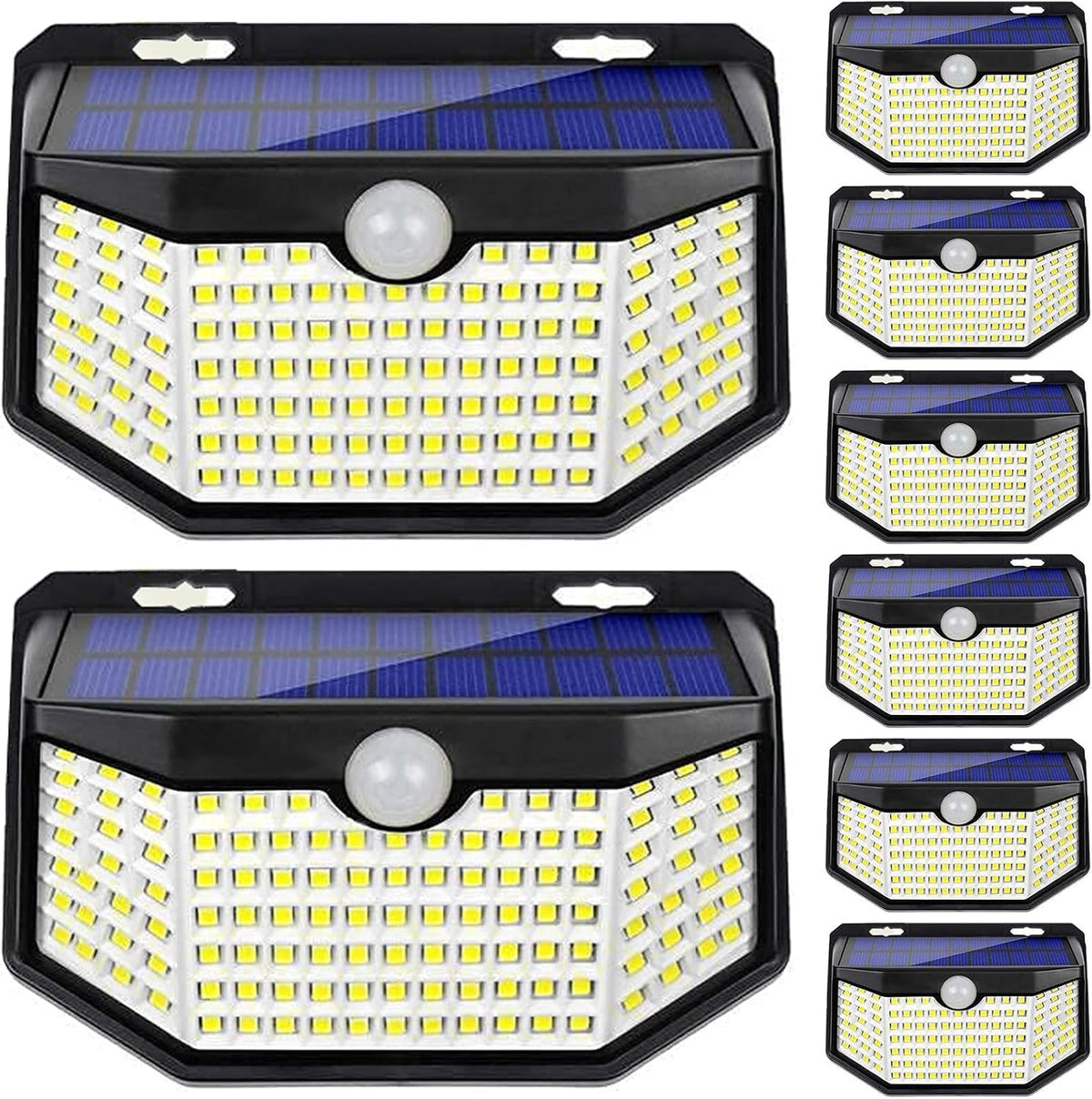 HMCITY 120 LED Outdoor Solar Lights with Motion Sensor and 3 Lighting Modes, IP65 Waterproof Wide Solar Wall Lights Ideal for Garden Patio Yard (Front Button 8Packs, Daylight White)