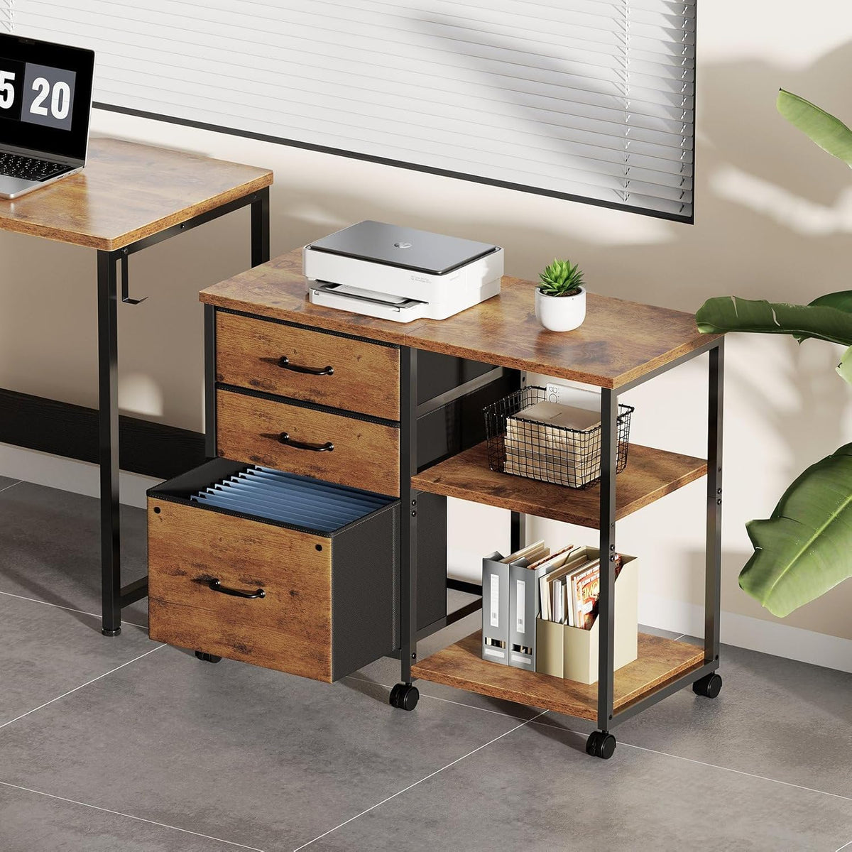 3 Drawer File Cabinet with Wheels with Open Storage Shelf | Rustic Brown2, Rolling Printer Stand Fabric Lateral Filing Cabinet for Home Office - Field & Nook