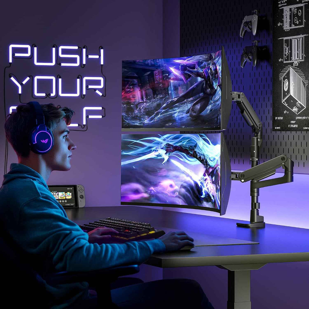 ARES WING Dual Monitor Arm Desk Mount for 17-49 Inch Ultrawide Monitors, Heavy Duty Dual Monitor Mount Holds 44 lbs, Full Motion Gas Spring Vertical Monitor Mount, 75/100 VESA Mount, Black