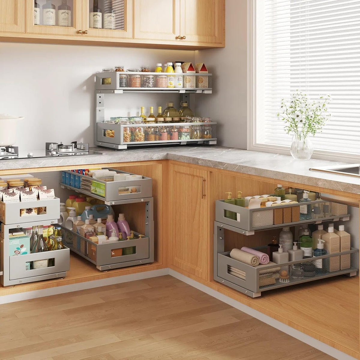 2 Packs 21IN Depth Under Sink Organizer, 2-Tier Pull Out Cabinet Organizer With Smooth Circular Rail, Large Capacity Metal Mesh Sliding Drawers For Bathroom& Kitchen Storage,Height Adjustable-Gun Gray - Field & Nook