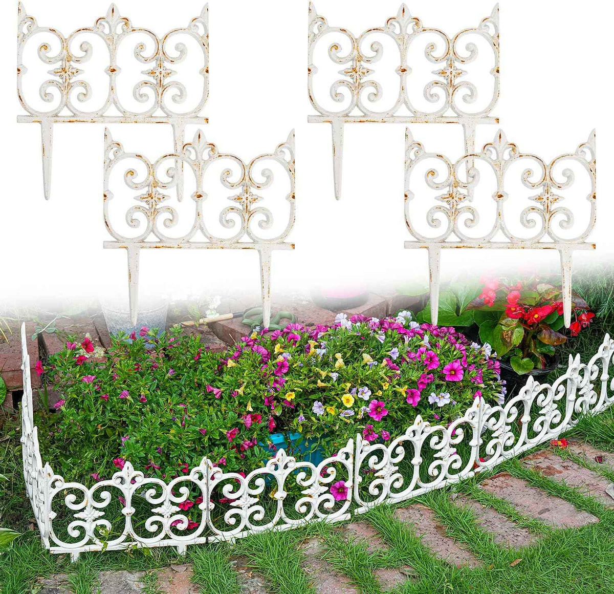 Decorative Cast Iron Garden Edging, 4 Pack Rustic White Victorian Garden Edging Landscape Border, Vintage Metal Yard Stake Low Picket Fence