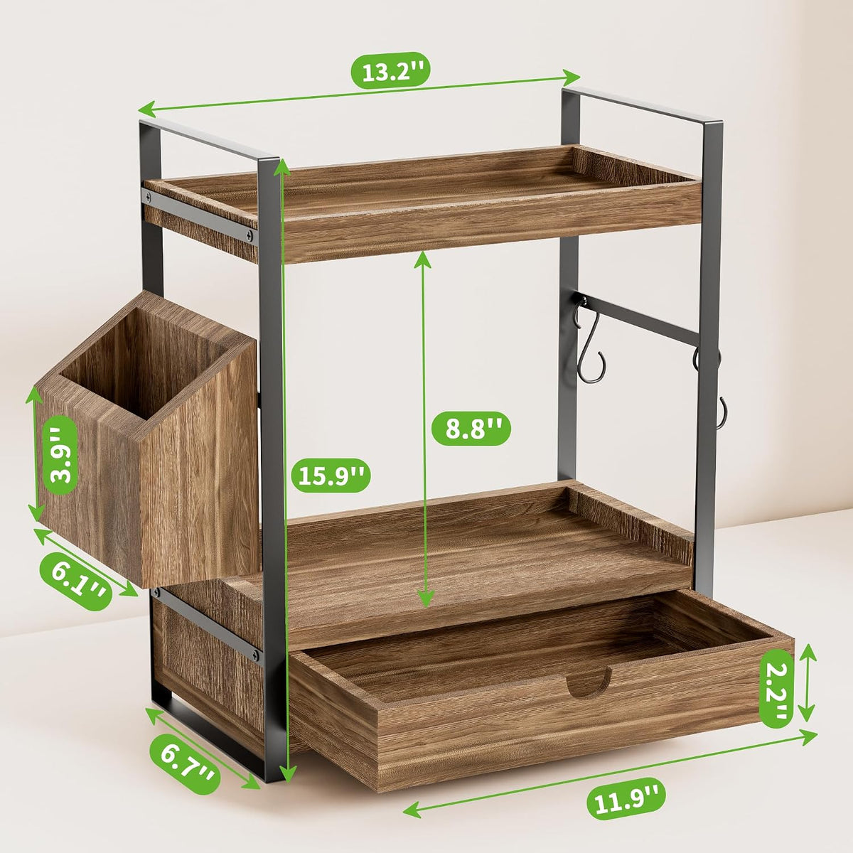 Two-Tier Bathroom Counter Organizer – Wood Shelf with Drawer & Basket