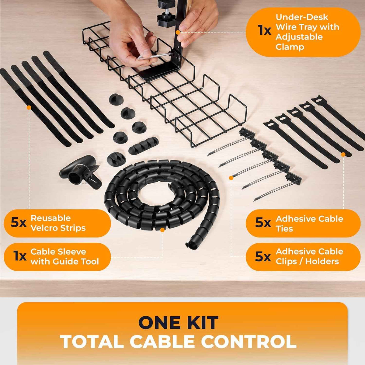 Clamp-On Under-Desk Cable Management Kit – Metal Tray with Sleeve, Clips and Ties, Black