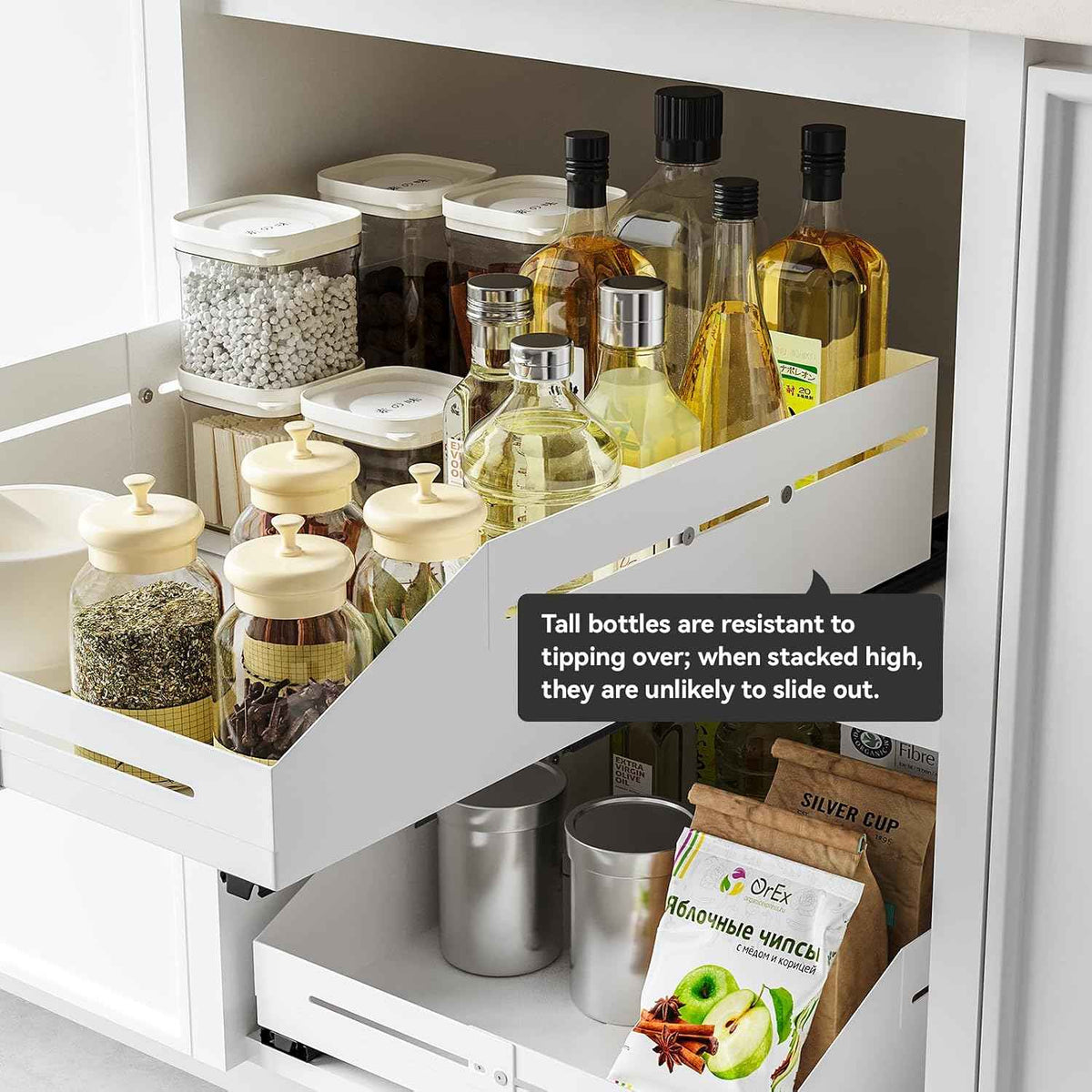 White Pull Out Cabinet Organizer, 15.8"-23"D, 12.5"-21"W