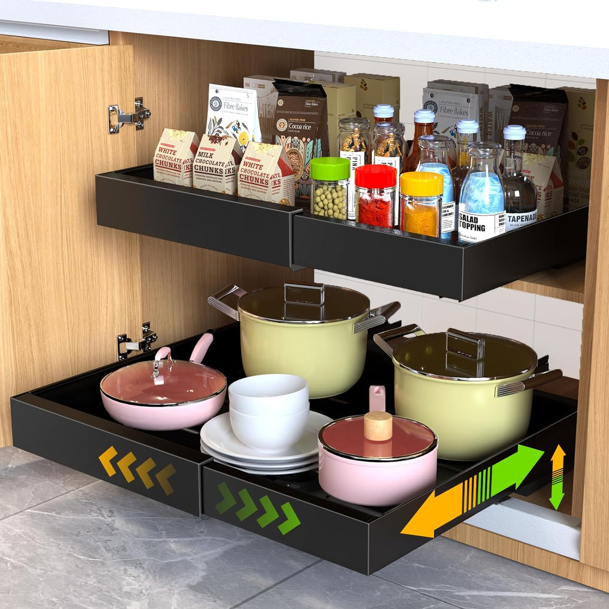 Mlinavn 2 Pack Pull Out Cabinet Organizer,21" Deep Slide Out Drawer Organizers,No Drill Pull Out Drawers Adhesive with Nano Compatible Framed Cabinets Shelves for Kitchen Pantry Adjustable Width - Field & Nook