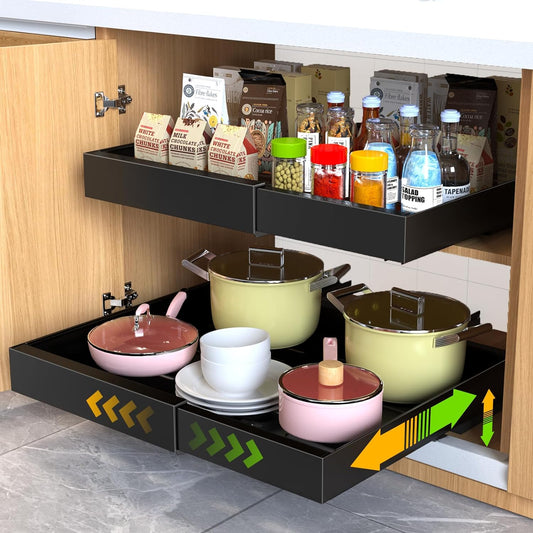 Mlinavn 2 Pack Pull Out Cabinet Organizer,21" Deep Slide Out Drawer Organizers,No Drill Pull Out Drawers Adhesive with Nano Compatible Framed Cabinets Shelves for Kitchen Pantry Adjustable Width - Field & Nook