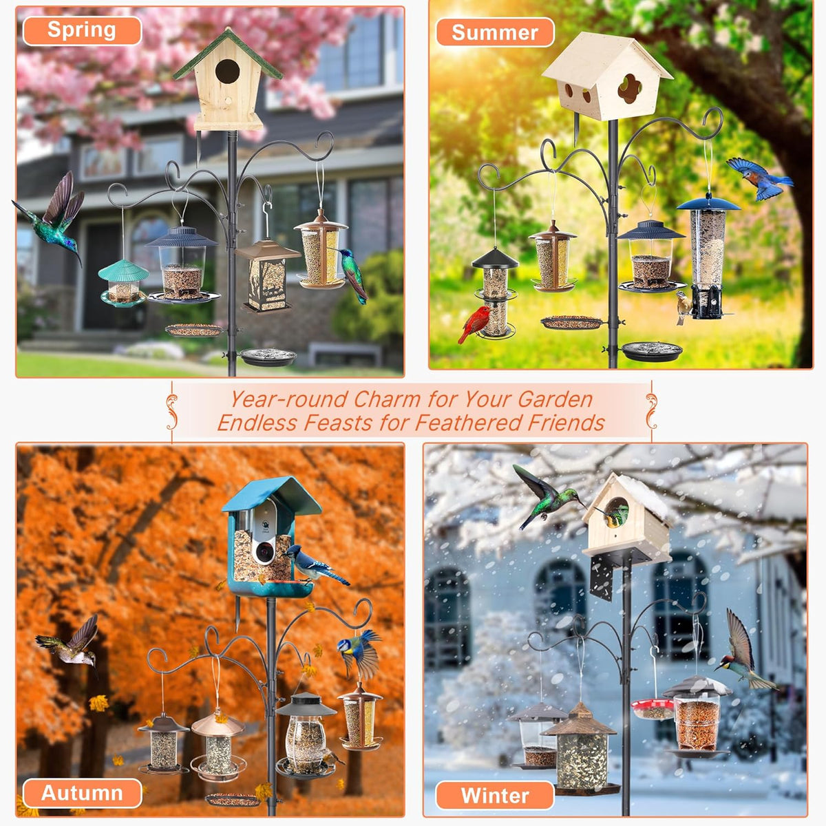 92 Inch Squirrel Proof Bird Feeder Pole with 9 Prongs Base, 1 Inch Dia Bird House Pole, Heavy Duty Bird Feeder Stand, Adjustable Shepherds Hooks for Outdoor with Squirrel Baffle Birdbath Tray