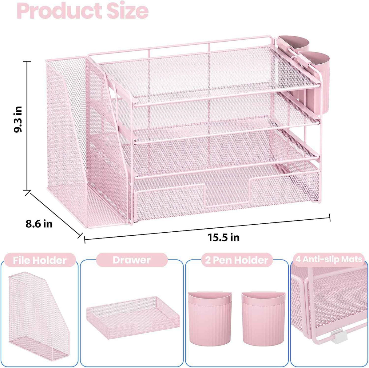 Desk Organizer, 4-Tier Desktop File Organizer with Drawer and Pen Holders, Office Desk Accessories, File Sorters, Workspace Organizers for Office Supplies(Pink)