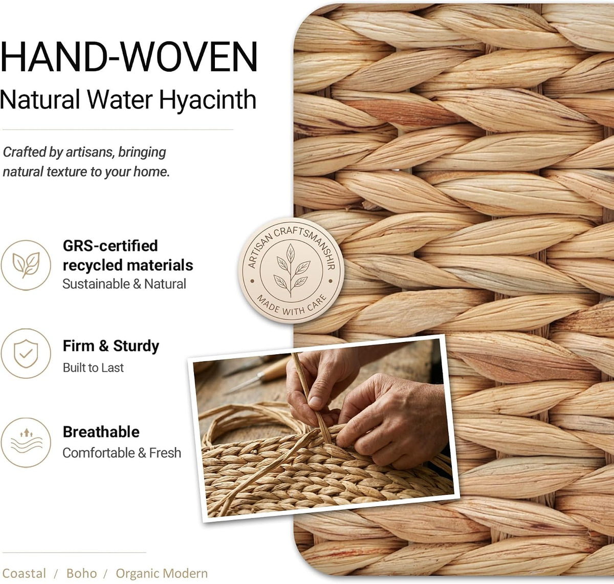 Pantry Baskets and Organizers, Large Wicker Baskets for Shelves, Handwoven Labeled Storage Basket for Organizing with Handles-Water Hyacinth Storage Bins, Boho Decorative, 3Pack, Natural - Field & Nook