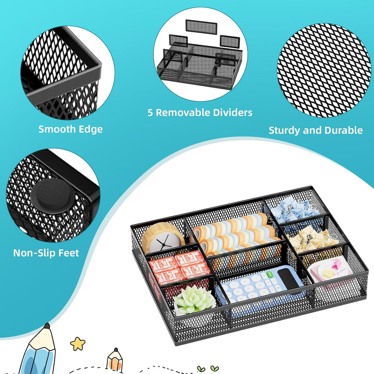 Marbrasse 2 Pack Desk Drawer Organizer, Mesh Drawer Organizer Tray with 8 Adjustable Compartments, Desk Organizers and Accessories, 5 Dividers Drawer for Office Supplies, Makeup & Vanity (Black) - Field & Nook