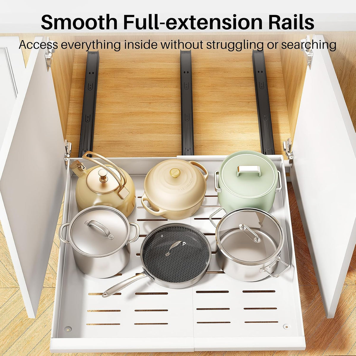 Pull out Cabinet Organizer, 1-Pack Expandable(13.6"-24") Silde out Drawers with Raising Pad for Framed Cabinets, Adjustable Full-Extension Adhesive Roll out Shelves for Kitchen Pantry Home Pot and Pan - Field & Nook