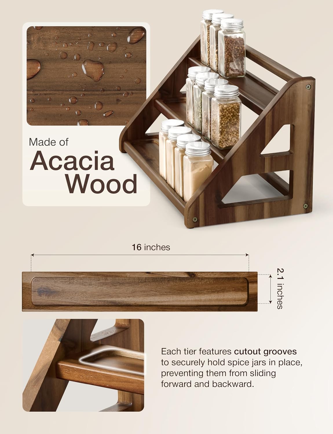 Tinamo Acacia Wood Spice Rack - Wooden 3-Tier Spice Rack Organizer for Countertop or Cabinet – Kitchen Spice Organizer and Seasoning Organizer Shelf (Walnut) | Acacia Wood, 3-tier Spacious Design for 24 Spice Jars, Cutout Grooves for Secure Storage, Ea... - Field & Nook