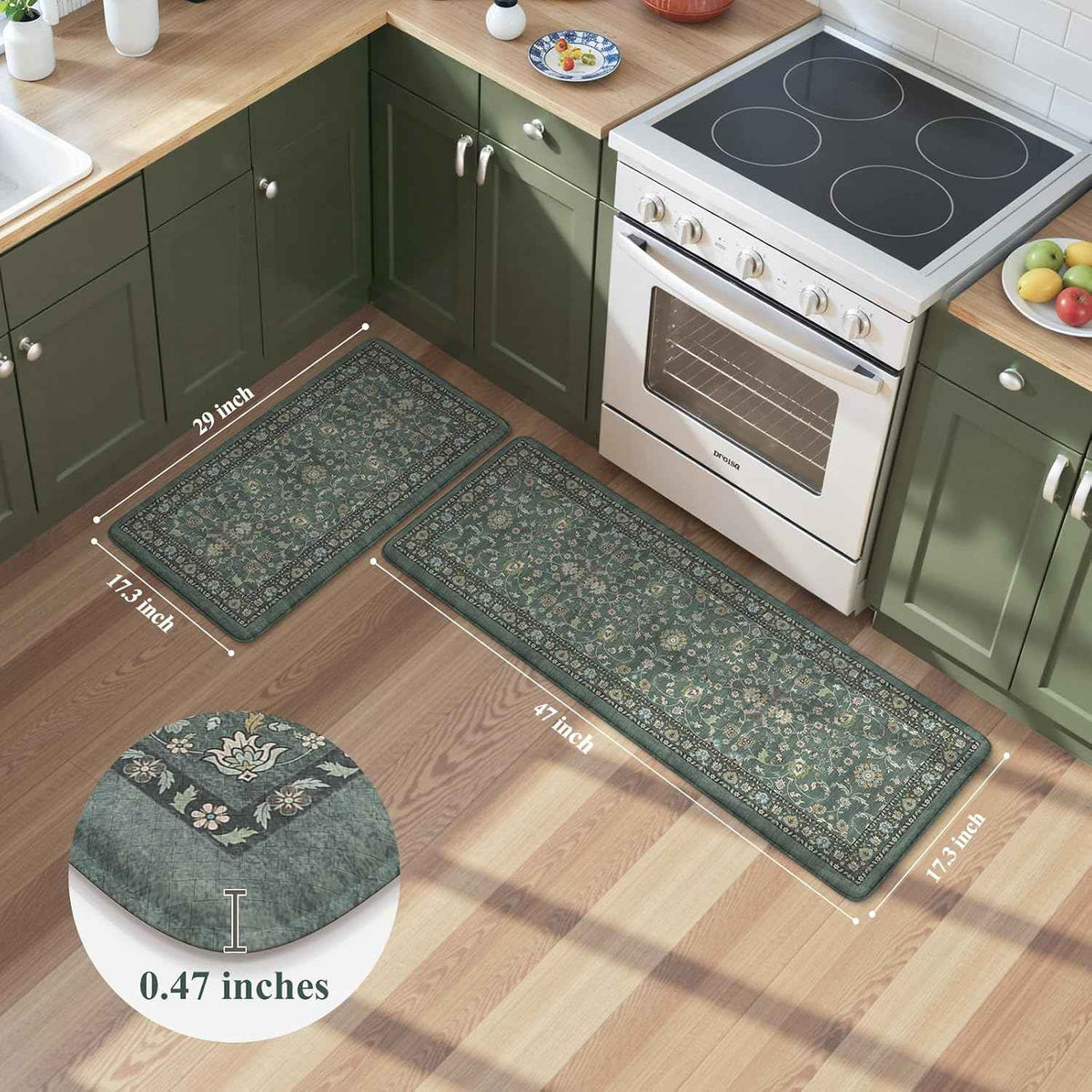 KIMODE Kitchen Mats for Floor Cushioned Anti Fatigue,Kitchen Rugs Sets of 2 | 17.3"x47"+ 17.3"x29",Dark Green,Vintage Kitchen Rug Non Slip,Memory Foam Carpet for Laundry Office Home Decor