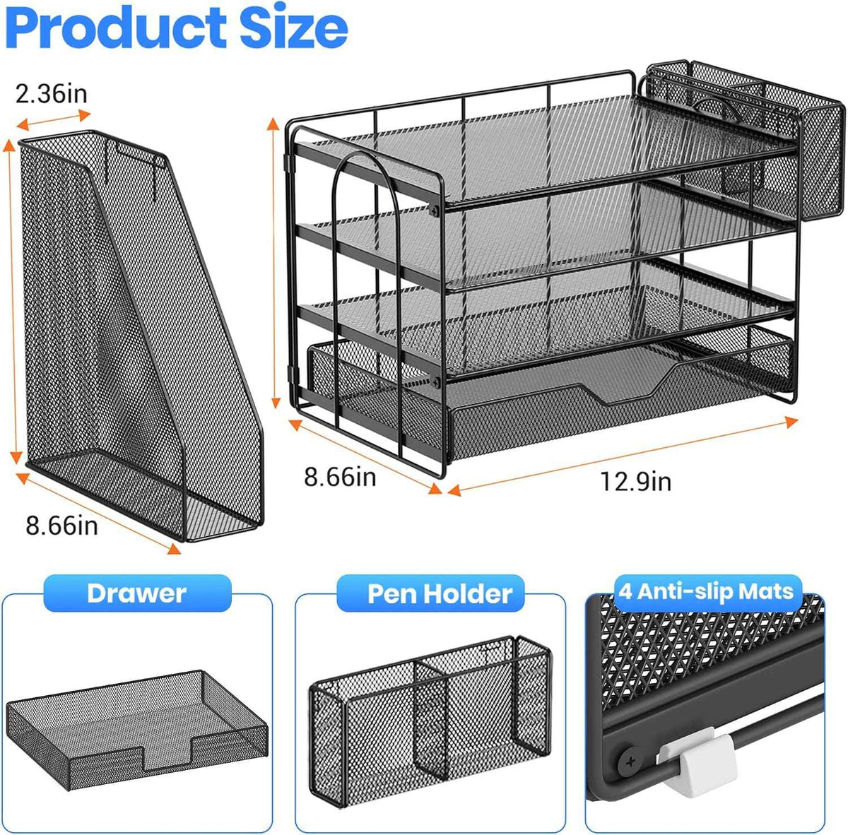 Desk Organizers and Accessories, 4-Tier Desktop File Organizer with Drawer and Pen Holders, Office Desk Accessories Workspace Organizers for Office Supplies (Black)
