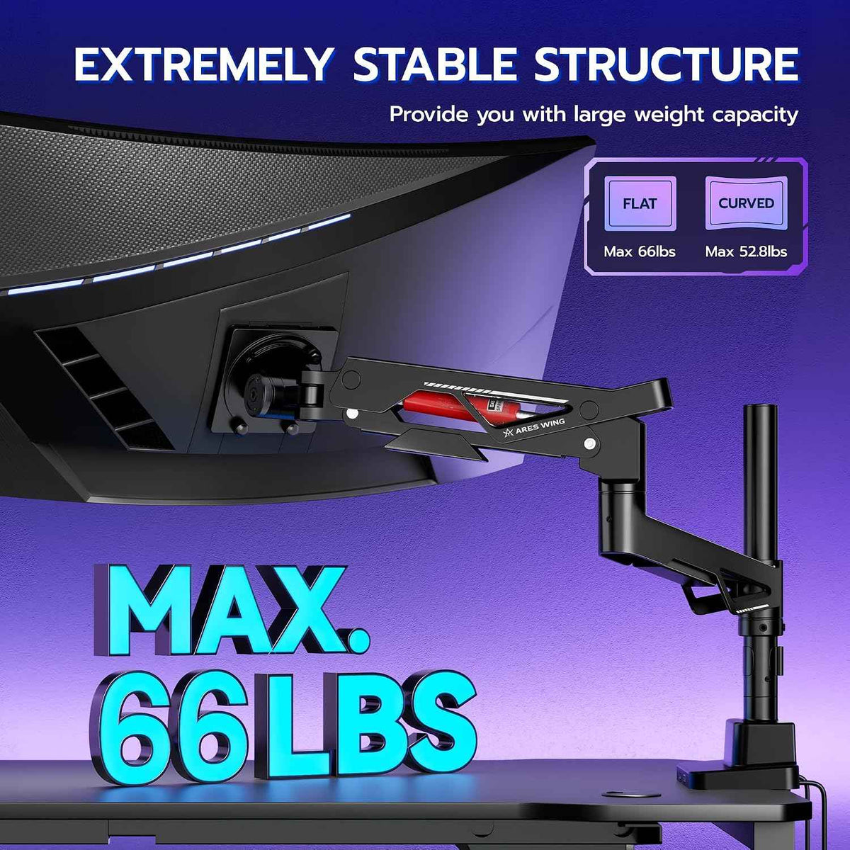 ARES WING Heavy-Duty Gas Spring Ultrawide Monitor Arm 57"66Lbs USB VESA | Height Adjustable & Extendable, Built-in USB Port, Multi VESA Compatible, Clamp & Grommet Base, For Large Ultrawide Monitor