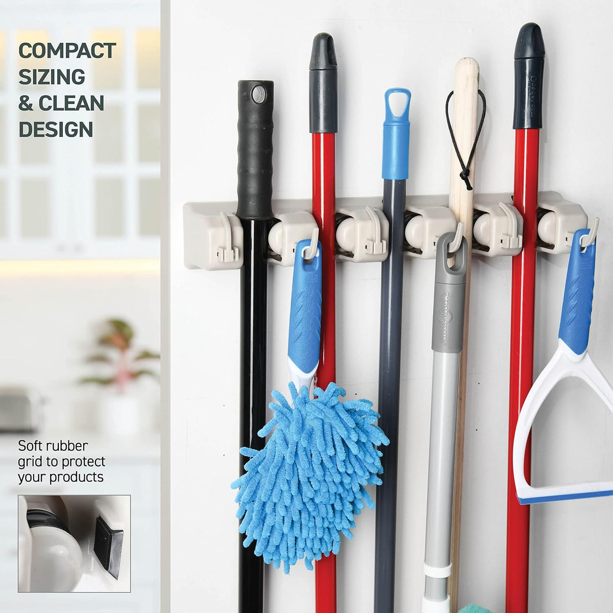 HOME IT Broom and Mop Holder Wall Mount – Heavy Duty Garage Organizer with 5 Slots & 6 Hooks, 7.5lbs Capacity Per Slot - Easy Install Storage Rack for Home, Kitchen, Laundry Room & Garden - Off-White - Field & Nook