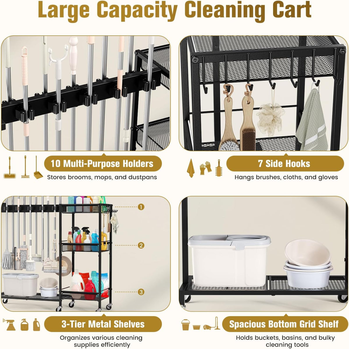 Broom Holder with Cleaning Supplies Organizer – 3-Tier Shelves - Field & Nook