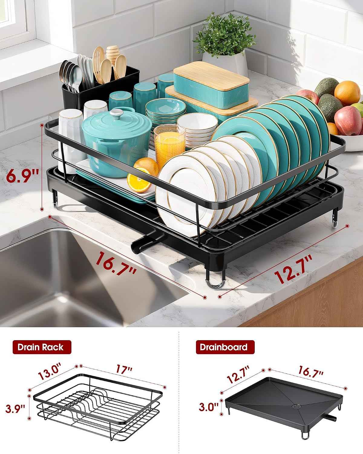 Sakugi Stainless Steel Dish Drying Rack, Black, 12.5''W x 16.5'L