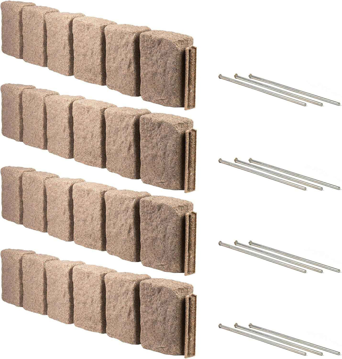 Beuta Landscape Edging | Garden Edging Border | Faux Stone Block XL for Lawn Edging, Flower Beds & Yard Edging – 4 Pack | Each Section Has 6 Blocks 48" L x 4" W x 9.5" H | 12 Spikes | Sandstone